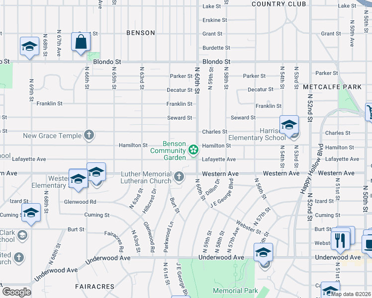map of restaurants, bars, coffee shops, grocery stores, and more near 6030 Hamilton Street in Omaha
