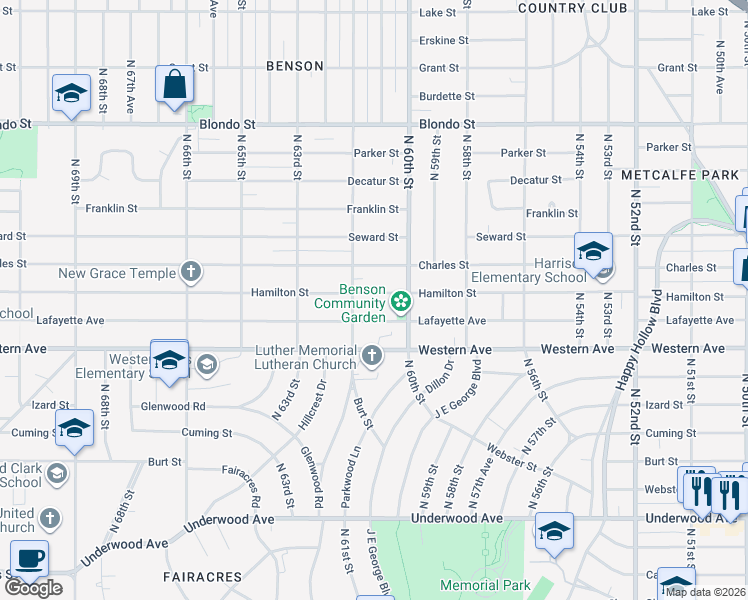 map of restaurants, bars, coffee shops, grocery stores, and more near 6030 Hamilton Street in Omaha