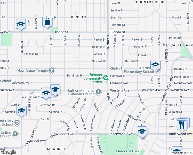 map of restaurants, bars, coffee shops, grocery stores, and more near 6030 Hamilton Street in Omaha