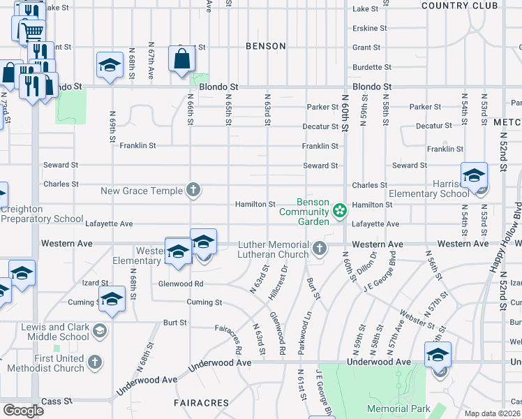 map of restaurants, bars, coffee shops, grocery stores, and more near 6318 Hamilton Street in Omaha