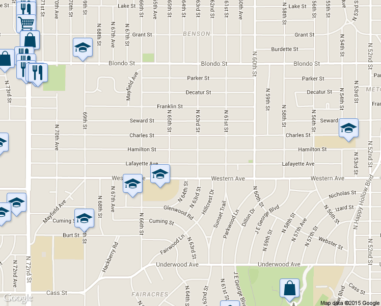 map of restaurants, bars, coffee shops, grocery stores, and more near 6318 Hamilton Street in Omaha