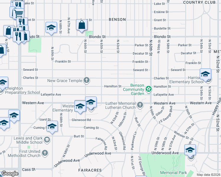 map of restaurants, bars, coffee shops, grocery stores, and more near 6318 Hamilton Street in Omaha