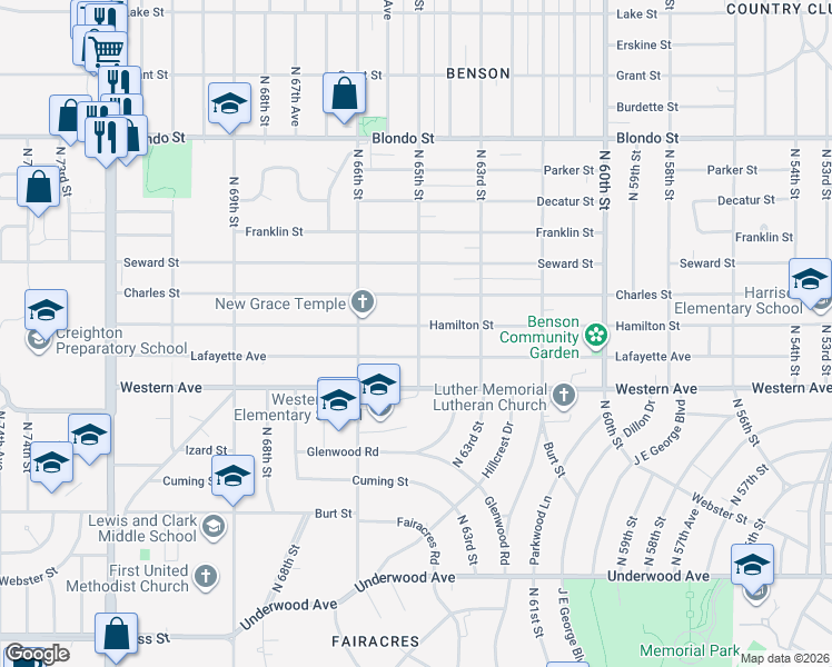 map of restaurants, bars, coffee shops, grocery stores, and more near 1406 North 65th Street in Omaha
