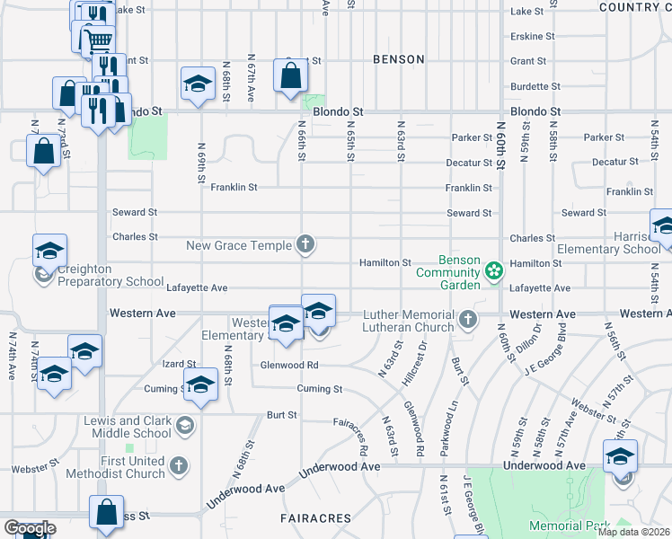 map of restaurants, bars, coffee shops, grocery stores, and more near 1406 North 65th Street in Omaha