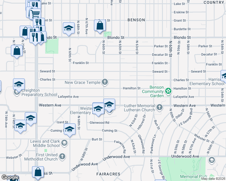 map of restaurants, bars, coffee shops, grocery stores, and more near 6524 Hamilton Street in Omaha