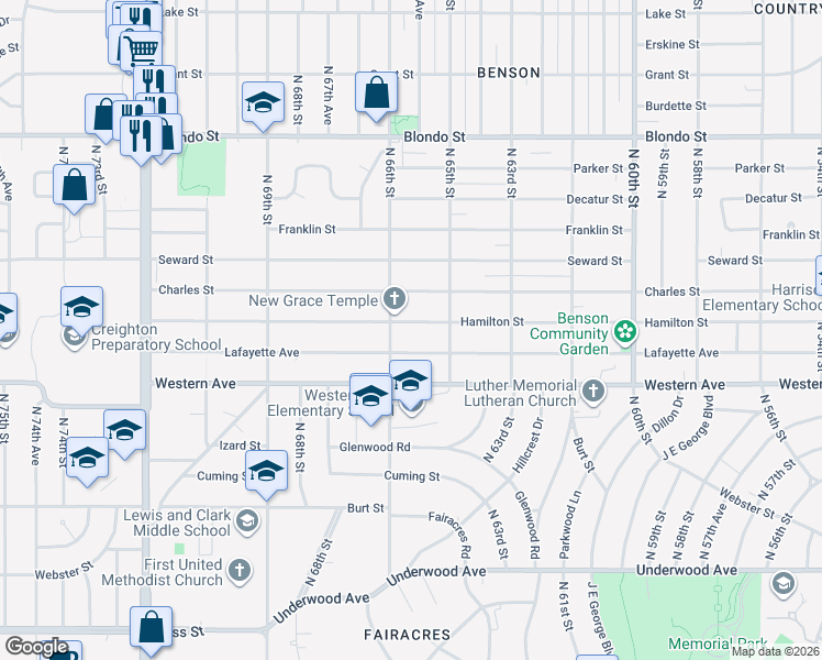 map of restaurants, bars, coffee shops, grocery stores, and more near 6524 Hamilton Street in Omaha