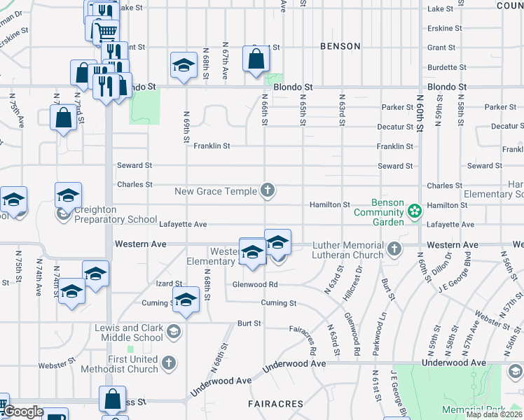 map of restaurants, bars, coffee shops, grocery stores, and more near 6612 Hamilton Street in Omaha