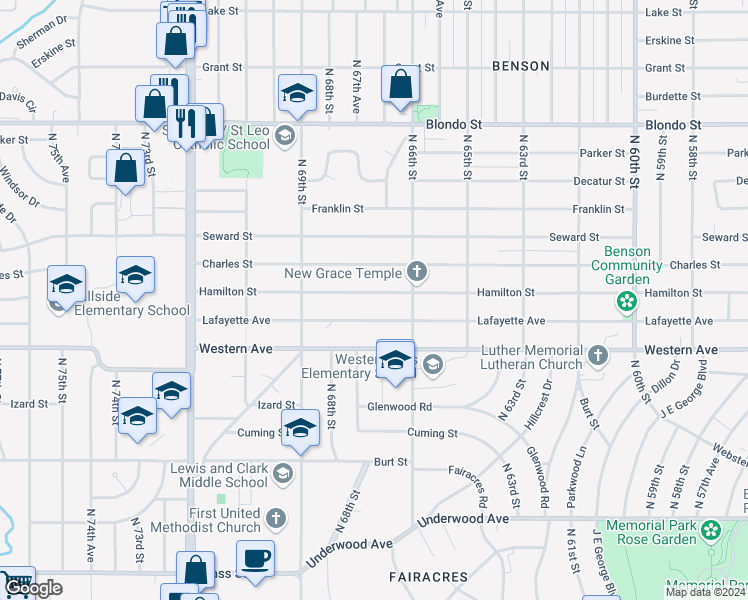 map of restaurants, bars, coffee shops, grocery stores, and more near 6646 Hamilton Street in Omaha