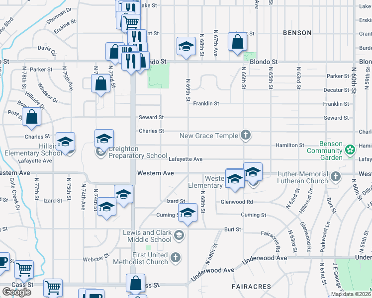 map of restaurants, bars, coffee shops, grocery stores, and more near 6908 Hamilton Street in Omaha