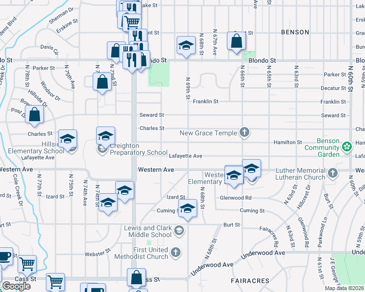 map of restaurants, bars, coffee shops, grocery stores, and more near 6908 Hamilton Street in Omaha