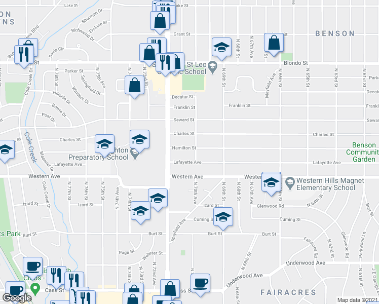 map of restaurants, bars, coffee shops, grocery stores, and more near 7022 Hamilton Street in Omaha