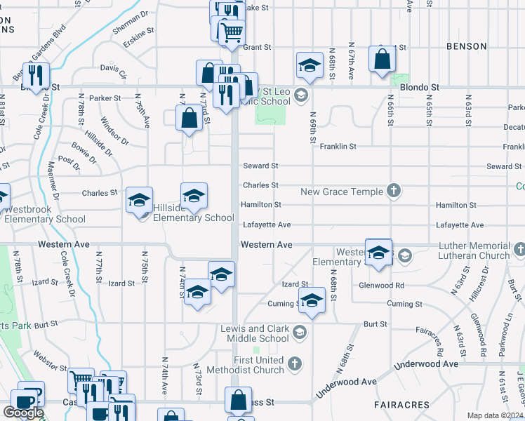map of restaurants, bars, coffee shops, grocery stores, and more near 7022 Hamilton Street in Omaha