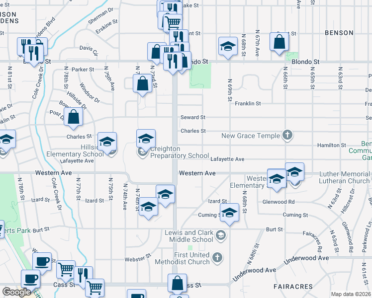 map of restaurants, bars, coffee shops, grocery stores, and more near 7022 Hamilton Street in Omaha