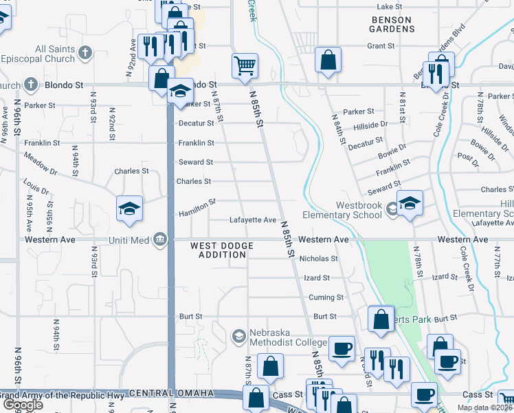 map of restaurants, bars, coffee shops, grocery stores, and more near 8508 Hamilton Street in Omaha
