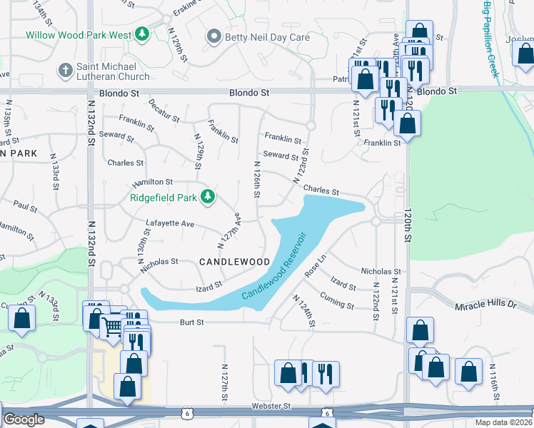 map of restaurants, bars, coffee shops, grocery stores, and more near 12330 Lafayette Avenue in Omaha