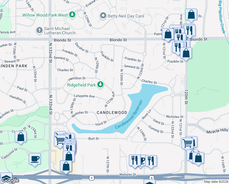 map of restaurants, bars, coffee shops, grocery stores, and more near 1408 North 127th Circle in Omaha