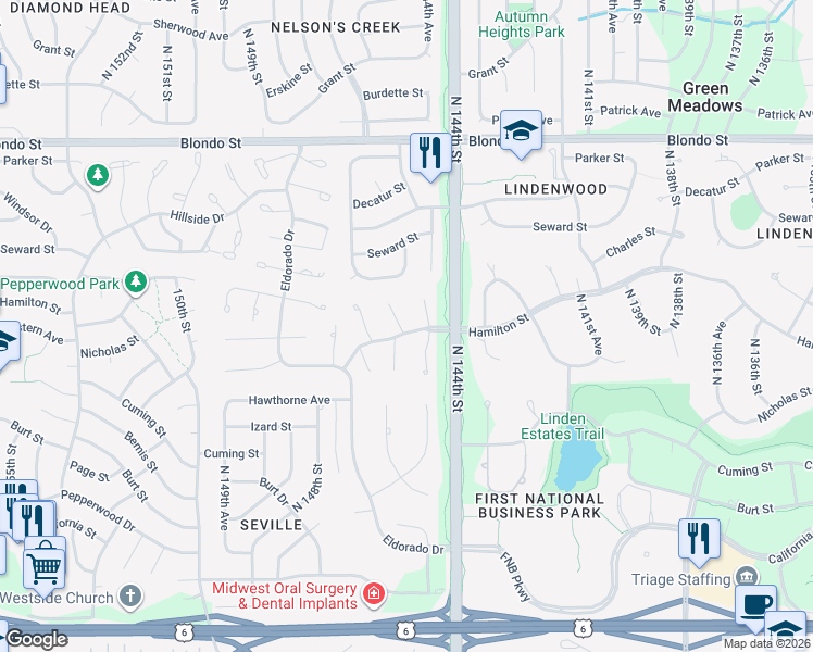 map of restaurants, bars, coffee shops, grocery stores, and more near 1417 North 146th Plaza in Omaha