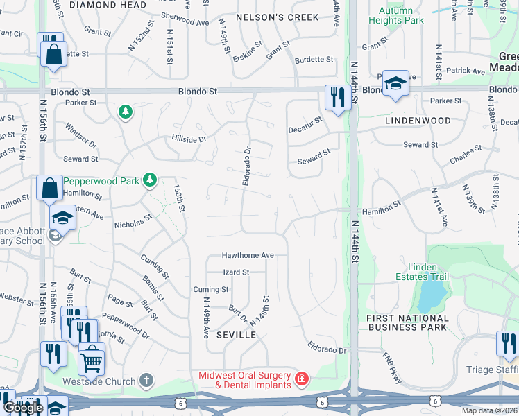 map of restaurants, bars, coffee shops, grocery stores, and more near 14811 Charles Plaza in Omaha