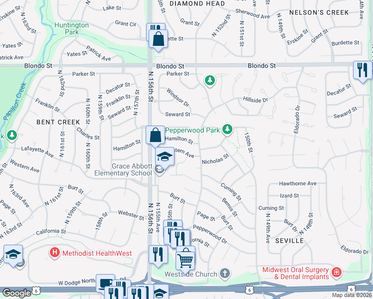 map of restaurants, bars, coffee shops, grocery stores, and more near 15417 Hamilton Street in Omaha