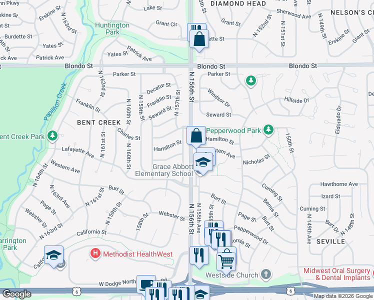 map of restaurants, bars, coffee shops, grocery stores, and more near 15657 Hamilton Street in Omaha
