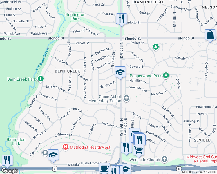 map of restaurants, bars, coffee shops, grocery stores, and more near 15706 Hamilton Street in Omaha