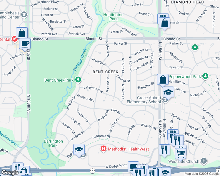 map of restaurants, bars, coffee shops, grocery stores, and more near 1406 North 160th Avenue in Omaha