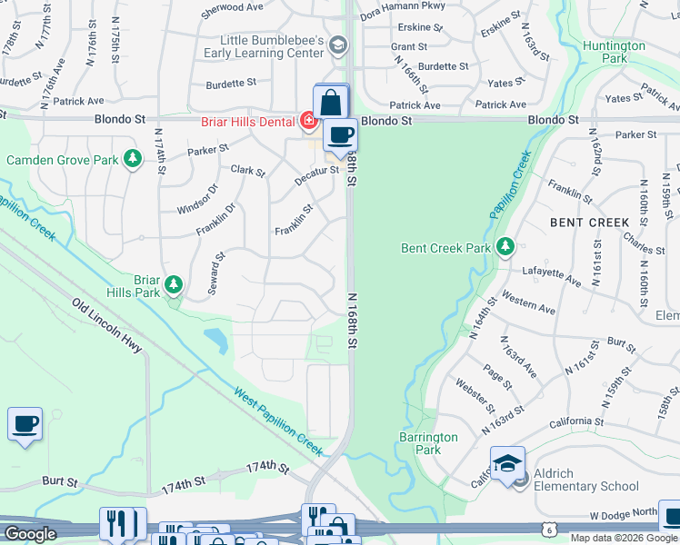 map of restaurants, bars, coffee shops, grocery stores, and more near 1409 North 170th Avenue in Omaha