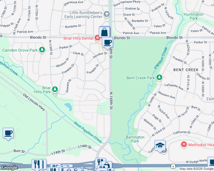 map of restaurants, bars, coffee shops, grocery stores, and more near 1409 North 170th Avenue in Omaha