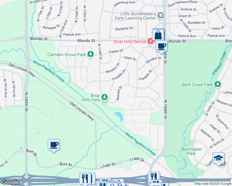 map of restaurants, bars, coffee shops, grocery stores, and more near 1635 North 173rd Street in Omaha