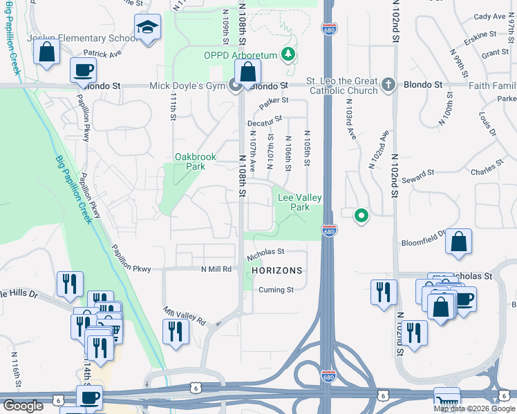 map of restaurants, bars, coffee shops, grocery stores, and more near 23 Hamilton Plaza in Omaha