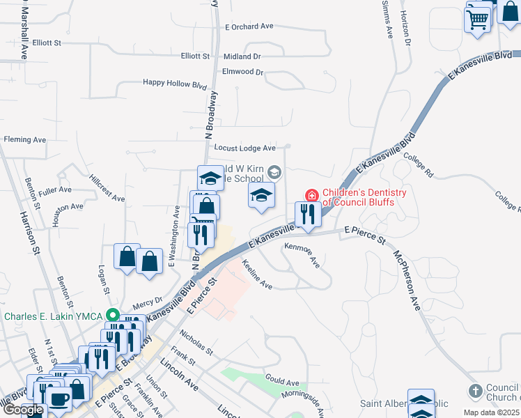 map of restaurants, bars, coffee shops, grocery stores, and more near Council Bluffs Levee Road in Council Bluffs