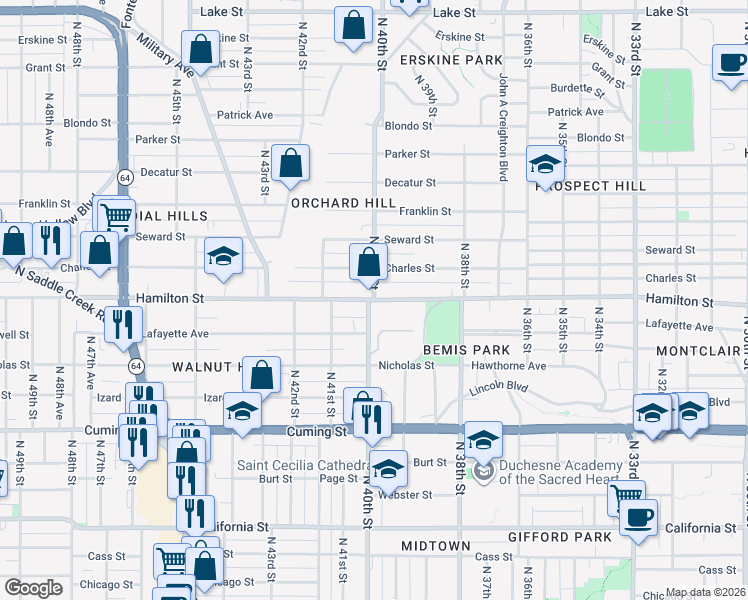 map of restaurants, bars, coffee shops, grocery stores, and more near North 40th Street & Hamilton Street in Omaha