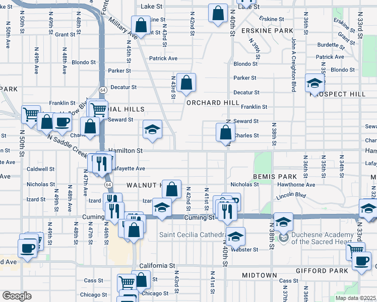 map of restaurants, bars, coffee shops, grocery stores, and more near Hamilton Street & North 42nd Street in Omaha
