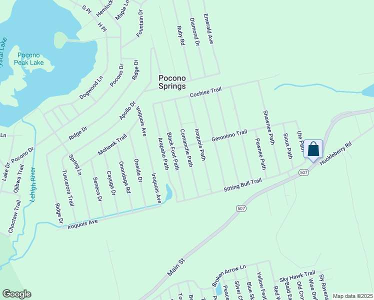 map of restaurants, bars, coffee shops, grocery stores, and more near Comanche Path in Pocono Springs