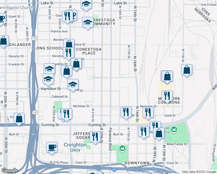 map of restaurants, bars, coffee shops, grocery stores, and more near 1920 Paul Street in Omaha