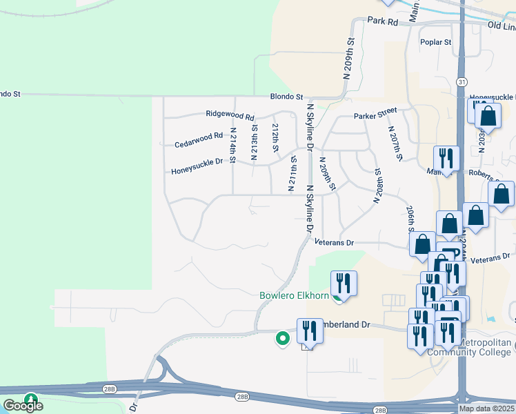 map of restaurants, bars, coffee shops, grocery stores, and more near 21209 Greenbrier Drive in Omaha