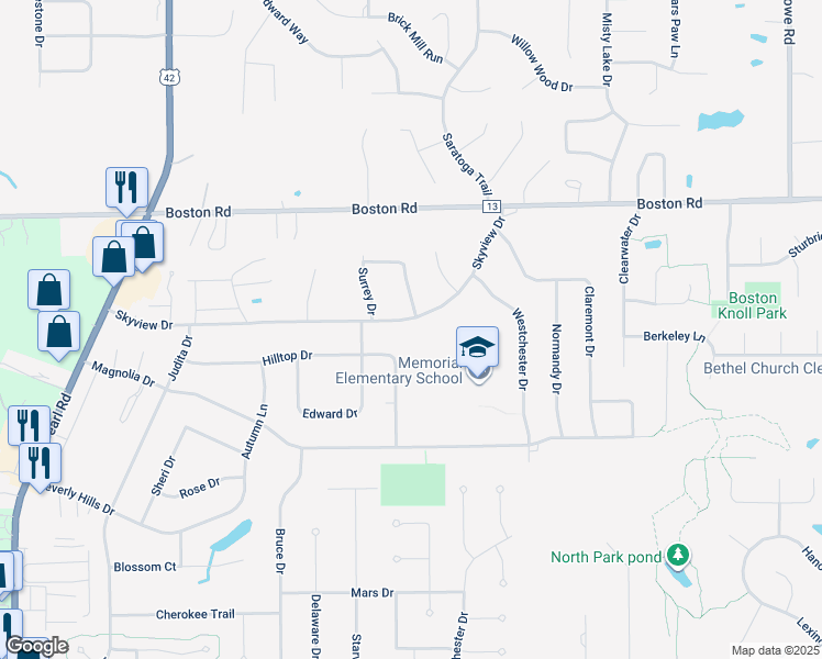 map of restaurants, bars, coffee shops, grocery stores, and more near 3862 Skyview Drive in Brunswick