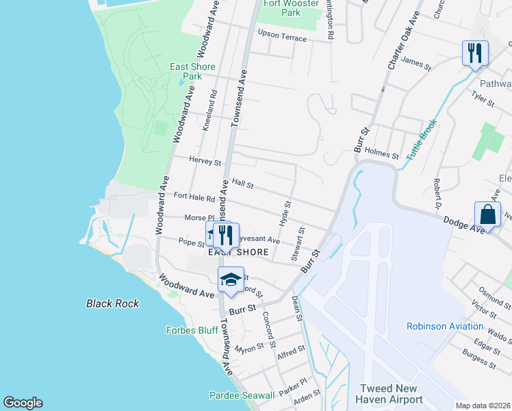 map of restaurants, bars, coffee shops, grocery stores, and more near 77 Hall Street in New Haven