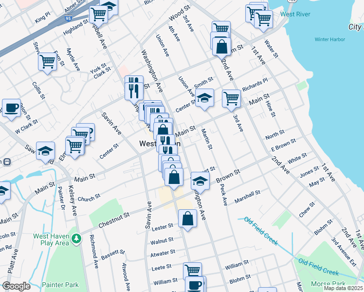 map of restaurants, bars, coffee shops, grocery stores, and more near 492 Washington Avenue in West Haven