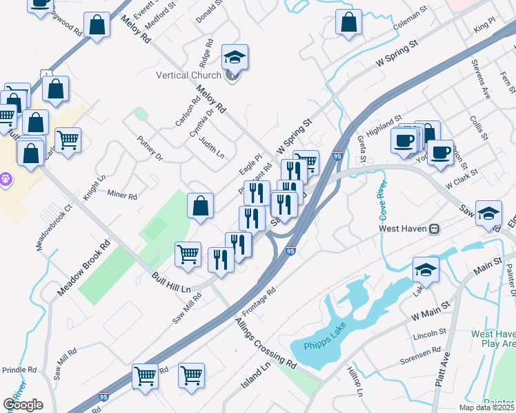 map of restaurants, bars, coffee shops, grocery stores, and more near 75 Claudia Drive in West Haven