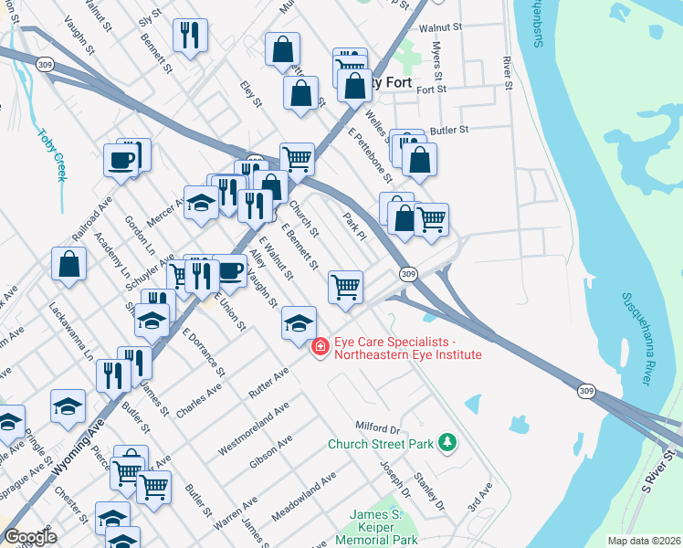 map of restaurants, bars, coffee shops, grocery stores, and more near in Wilkes-Barre