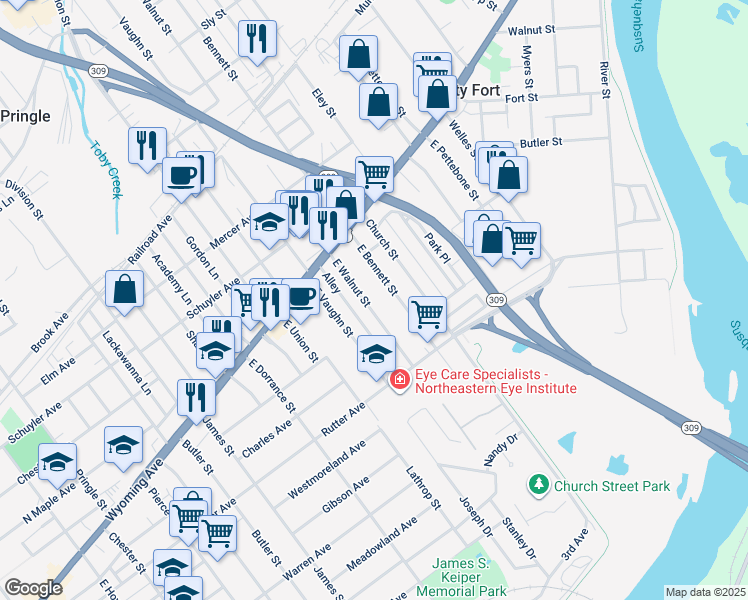 map of restaurants, bars, coffee shops, grocery stores, and more near 119 West Bennett Street in Exeter