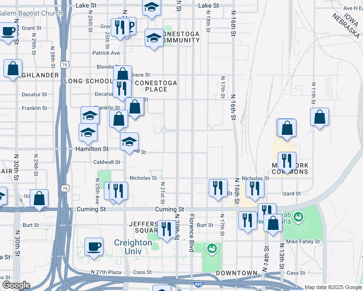 map of restaurants, bars, coffee shops, grocery stores, and more near 1920 Paul Street in Omaha