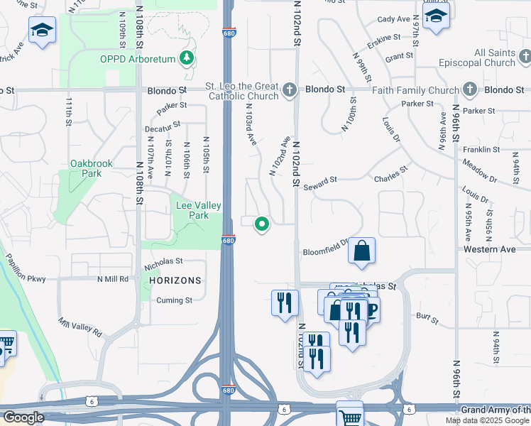 map of restaurants, bars, coffee shops, grocery stores, and more near 1401 North 104th Plaza in Omaha