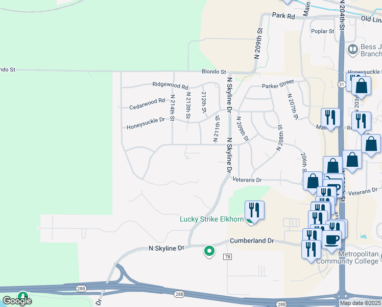 map of restaurants, bars, coffee shops, grocery stores, and more near 21209 Greenbrier Drive in Omaha
