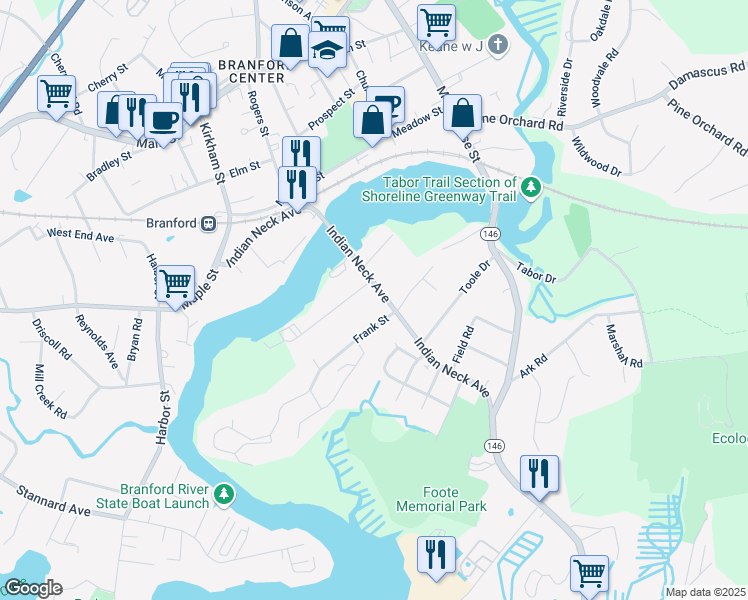 map of restaurants, bars, coffee shops, grocery stores, and more near 17 Indian Neck Avenue in Branford