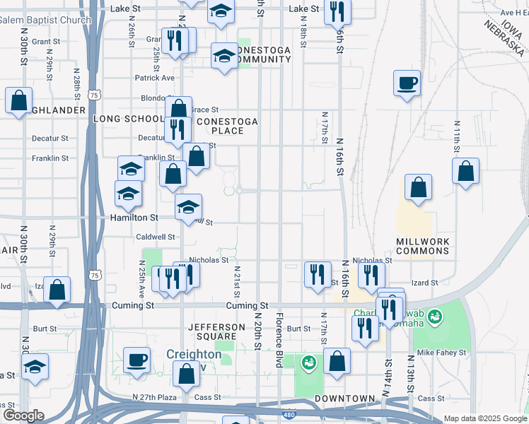 map of restaurants, bars, coffee shops, grocery stores, and more near 1920 Paul Street in Omaha