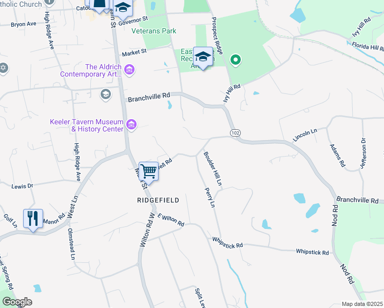 map of restaurants, bars, coffee shops, grocery stores, and more near 57 Rockwell Road in Ridgefield