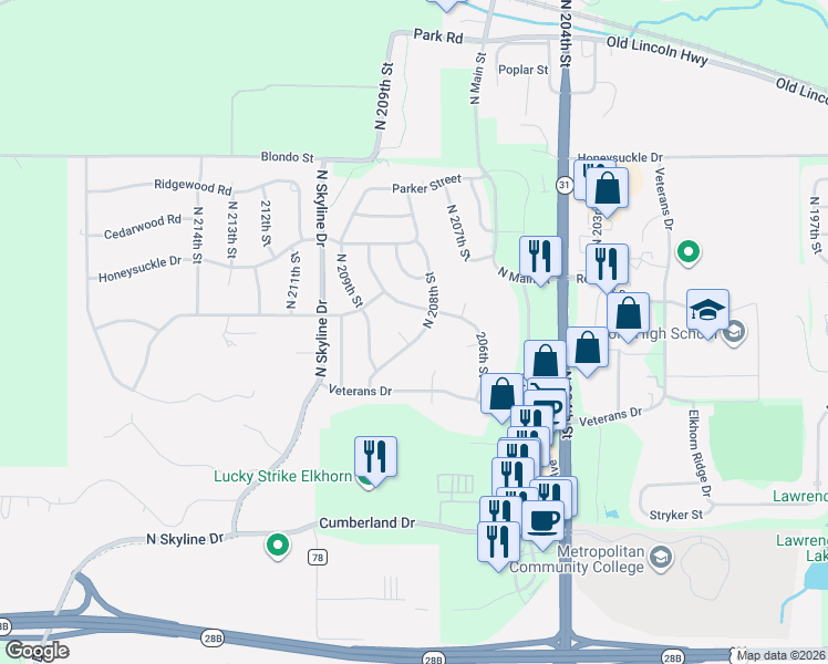 map of restaurants, bars, coffee shops, grocery stores, and more near 1414 North 208th Street in Omaha