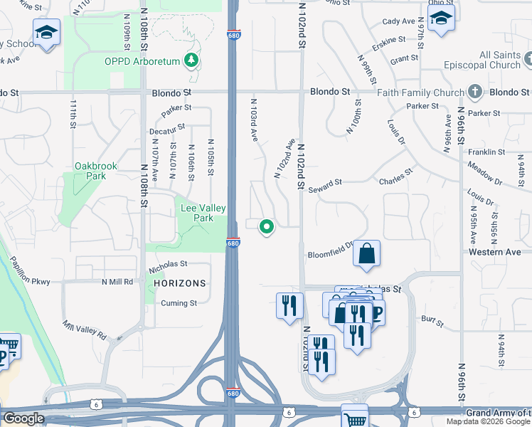 map of restaurants, bars, coffee shops, grocery stores, and more near 1401 North 104th Plaza in Omaha